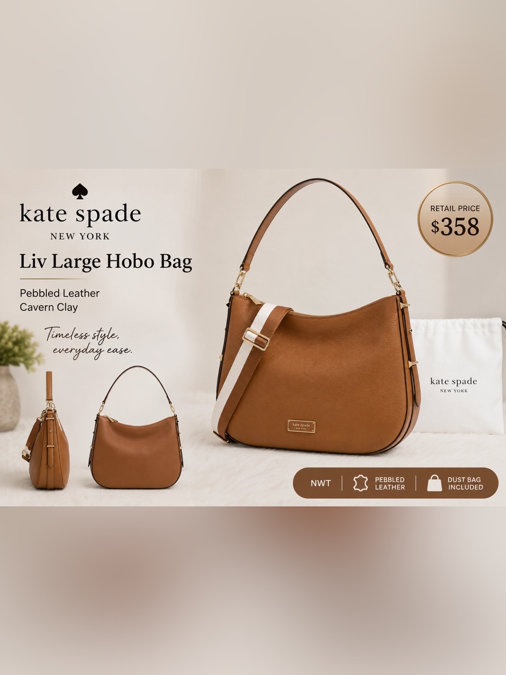 Kate Spade Liv Large Hobo Bag Pebbled
Leather Cavern Clay Crossbody KL677 NWT
